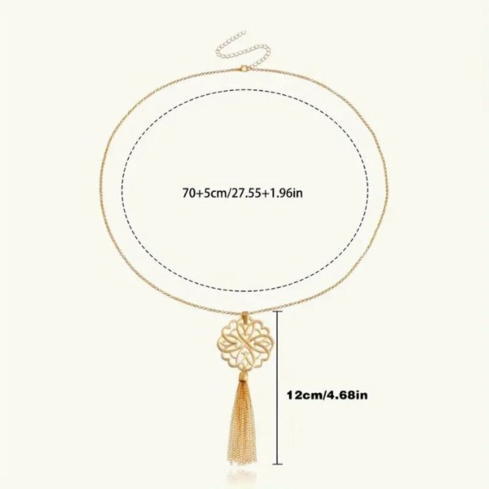 NEW Gold Lotus Flower Mandela Tassle Long Pendant Necklace - Picture 5 of 5